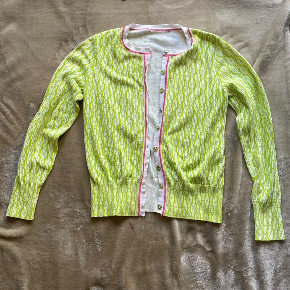 womens cardigan green with white patterning and bright pink accents